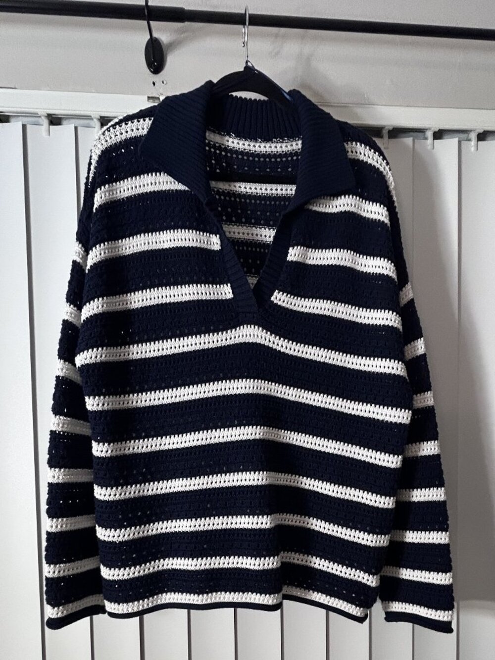 Women's Navy and White Striped Crochet Sweater Size XL